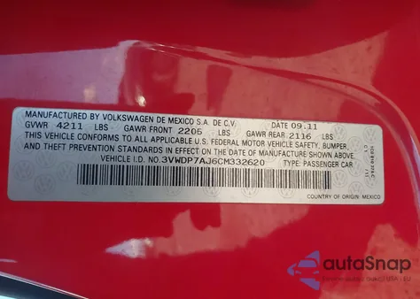 2012 Volkswagen Jetta 2.5L Se from USA, damaged, VIN 3VWDP7AJ6CM332620